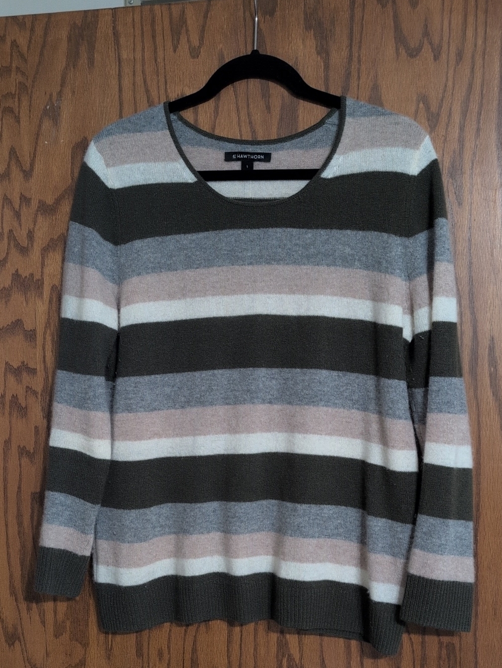 Cashmere Striped Scoop Neck Sweater in Olive, Gray & Cream